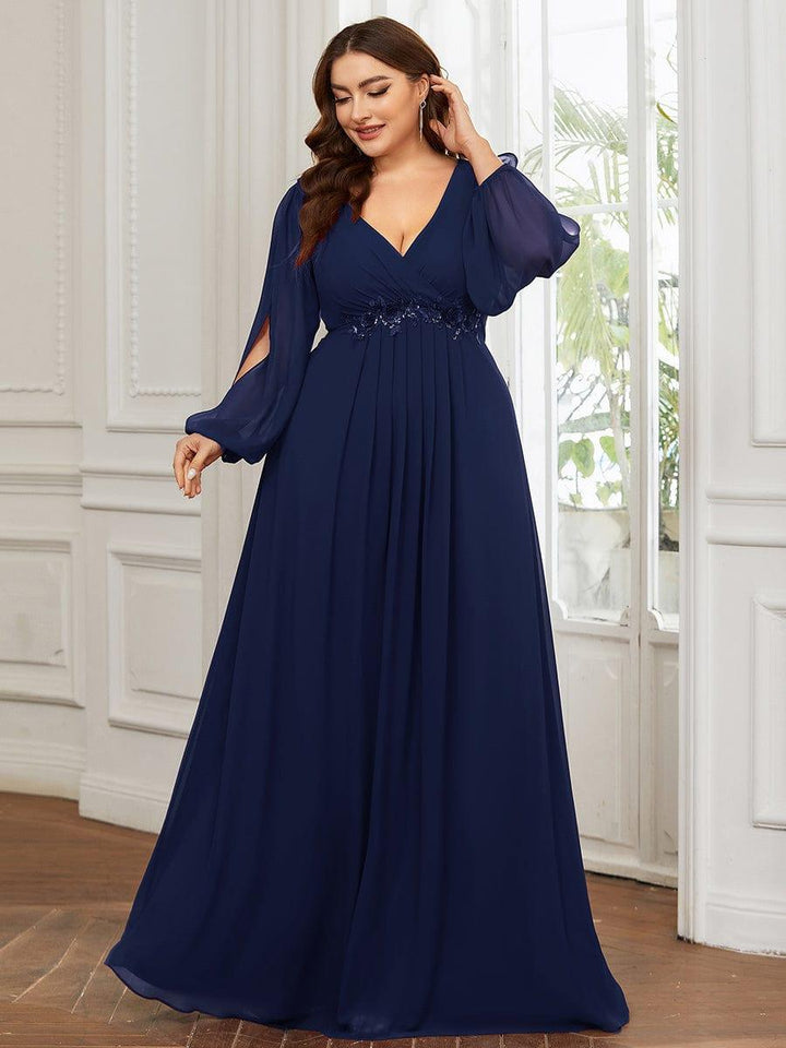 Plus size chiffon evening dress with long lantern sleeves for women