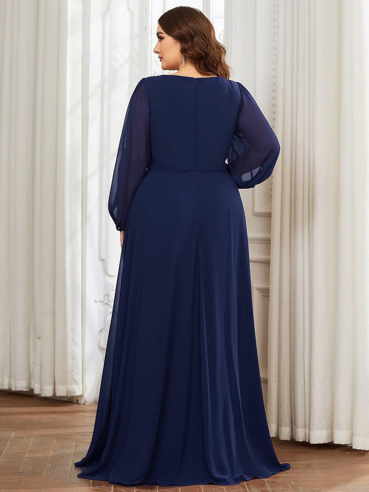 Plus size chiffon evening dress with long lantern sleeves for women