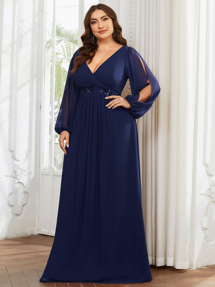 Plus size chiffon evening dress with long lantern sleeves for women