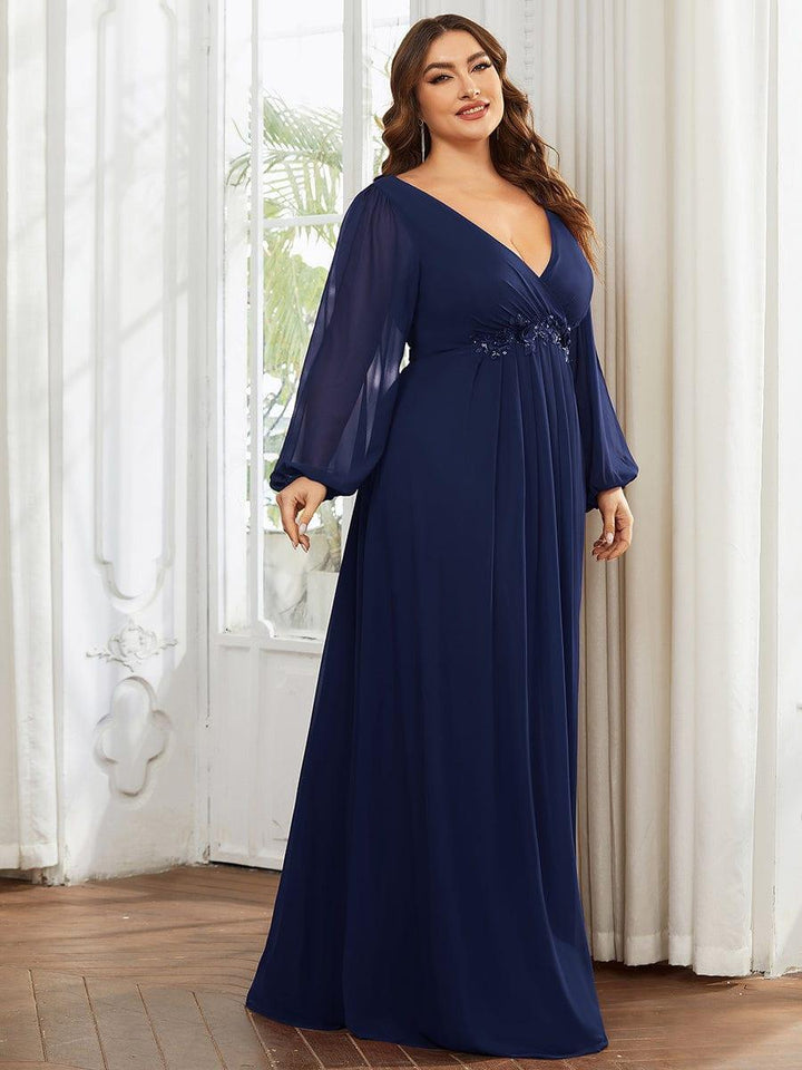 Plus size chiffon evening dress with long lantern sleeves for women