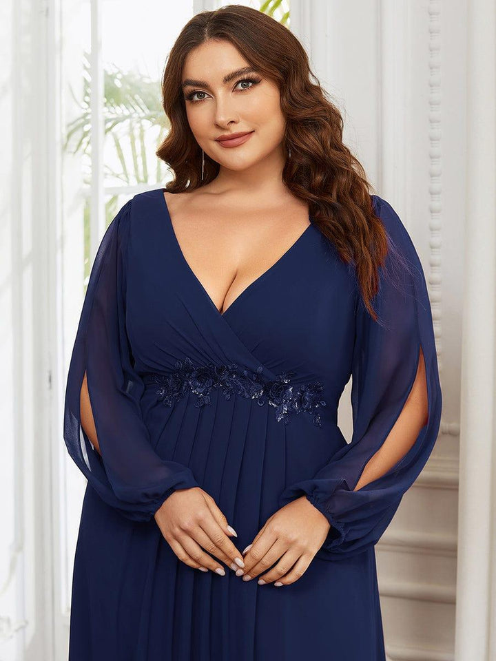 Plus size chiffon evening dress with long lantern sleeves for women