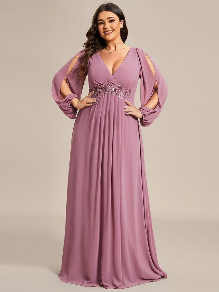 Plus size chiffon evening dress with long lantern sleeves for women