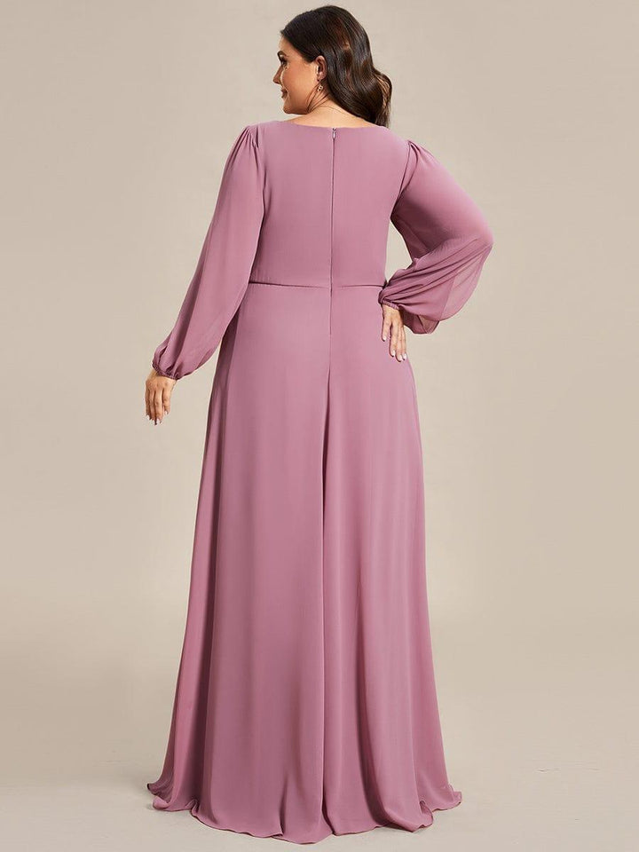 Plus size chiffon evening dress with long lantern sleeves for women