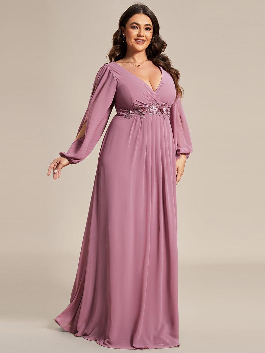 Plus size chiffon evening dress with long lantern sleeves for women
