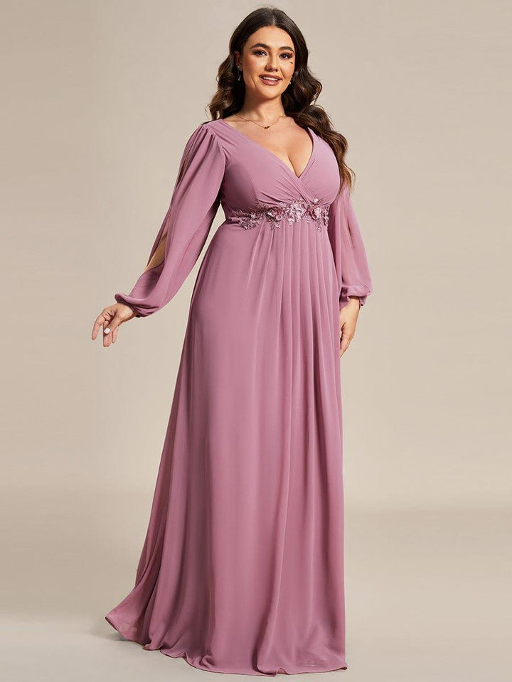 Plus size chiffon evening dress with long lantern sleeves for women