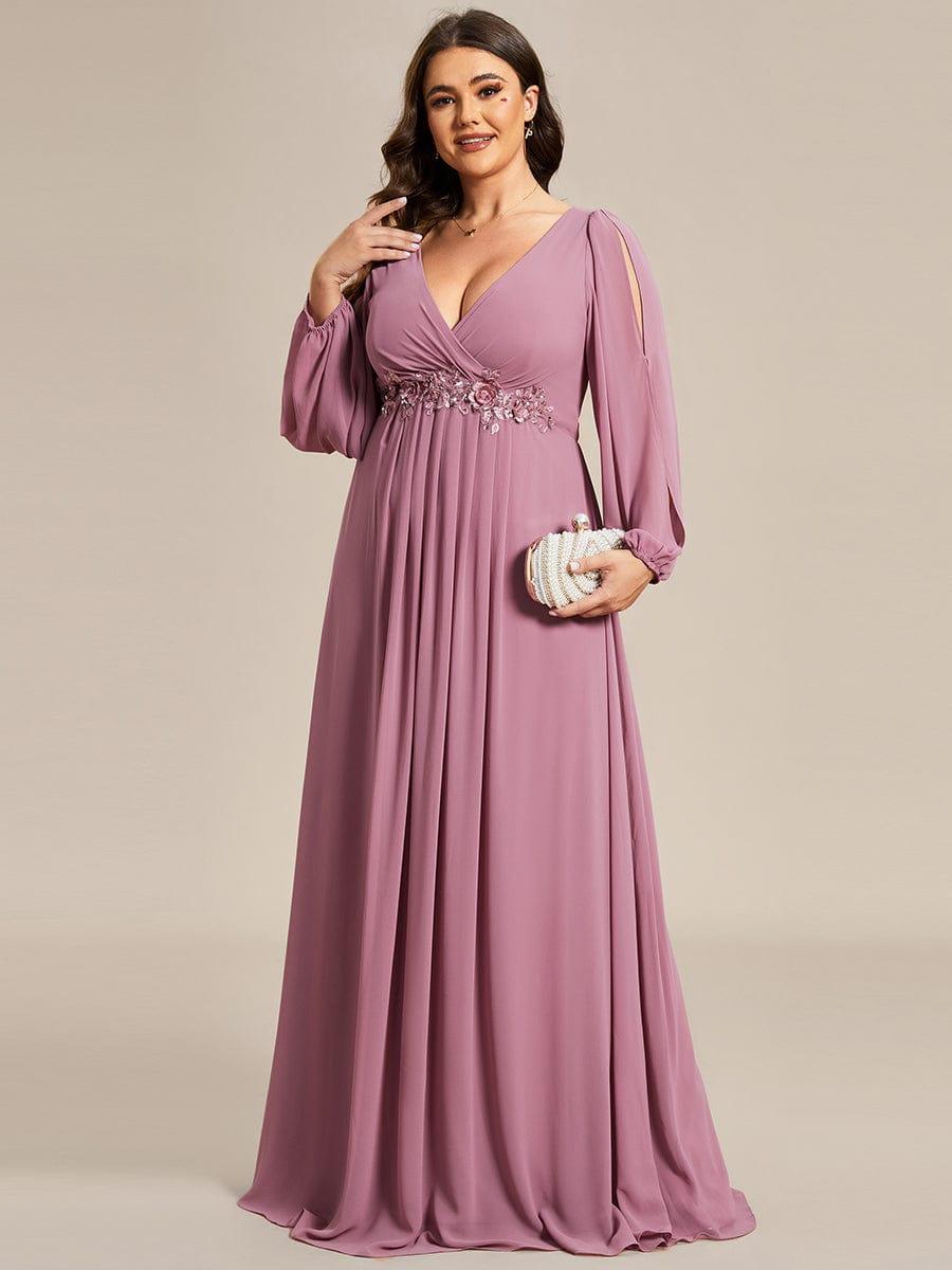 Plus size chiffon evening dress with long lantern sleeves for women