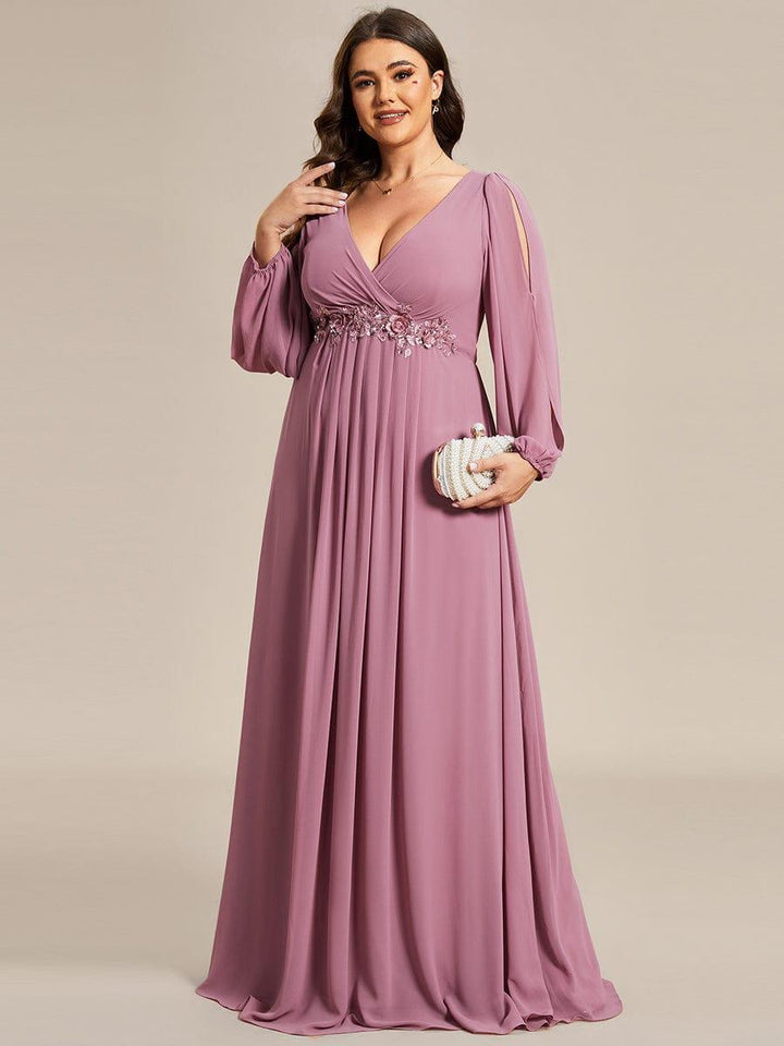 Plus size chiffon evening dress with long lantern sleeves for women