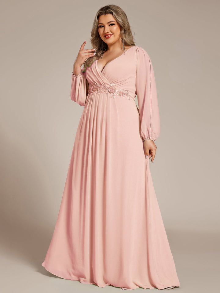 Plus size chiffon evening dress with long lantern sleeves for women