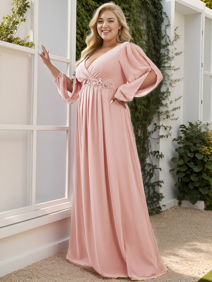 Plus size chiffon evening dress with long lantern sleeves for women