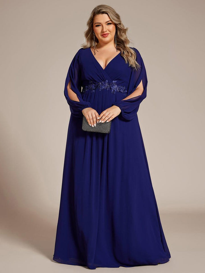 Plus size chiffon evening dress with long lantern sleeves for women