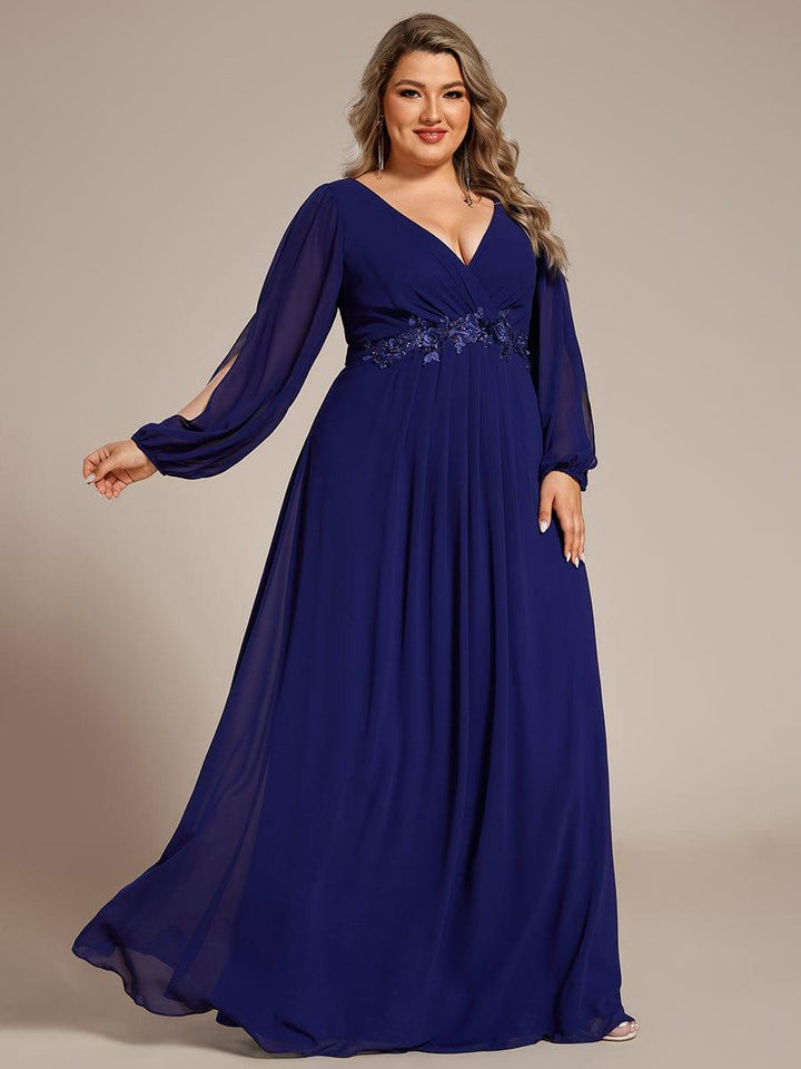 Plus size chiffon evening dress with long lantern sleeves for women