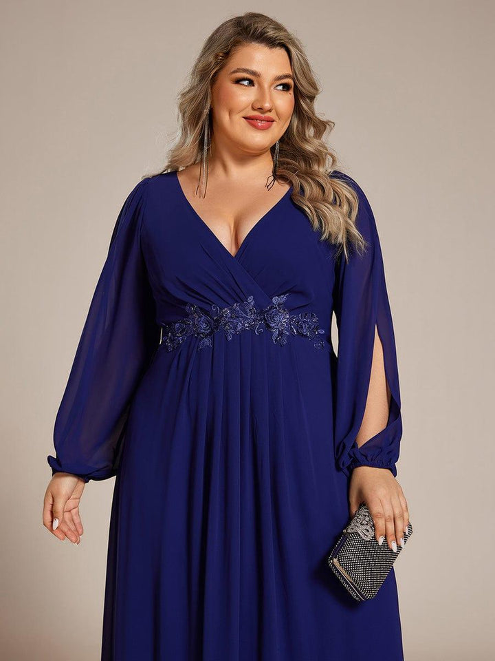 Plus size chiffon evening dress with long lantern sleeves for women