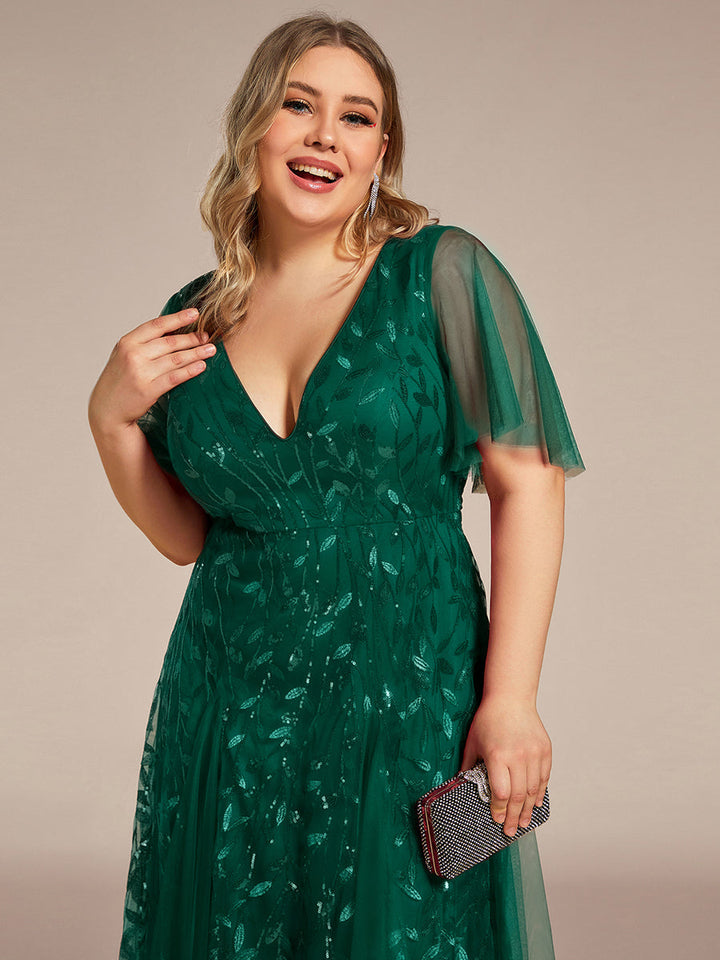 Plus size shimmery leaf sequin V-neck evening gown with ruffle sleeves for women
