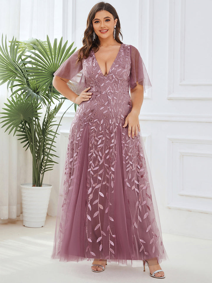 Plus size shimmery leaf sequin V-neck evening gown with ruffle sleeves for women