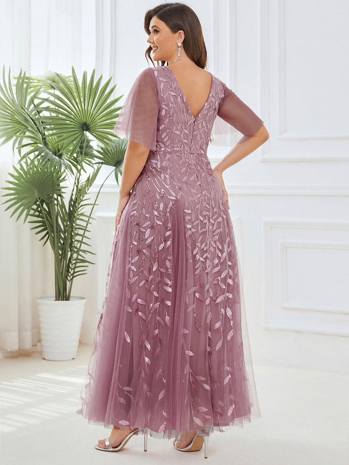 Plus size shimmery leaf sequin V-neck evening gown with ruffle sleeves for women