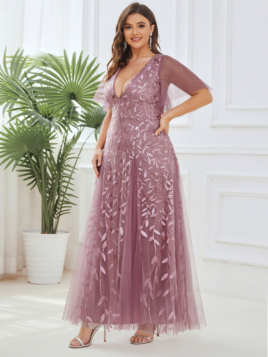 Plus size shimmery leaf sequin V-neck evening gown with ruffle sleeves for women