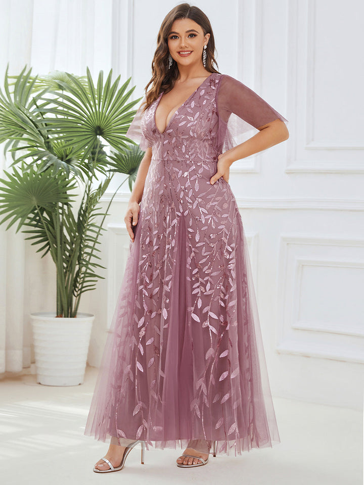 Plus size shimmery leaf sequin V-neck evening gown with ruffle sleeves for women