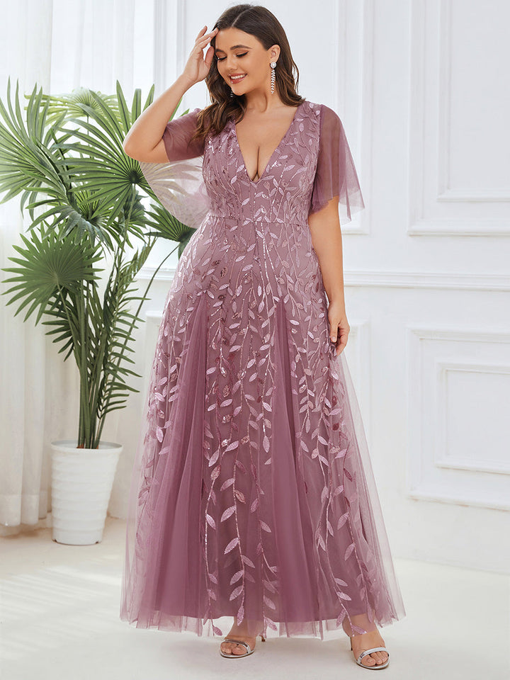 Plus size shimmery leaf sequin V-neck evening gown with ruffle sleeves for women