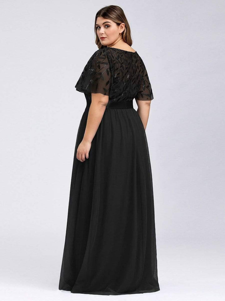 Plus size embroidered sequin A-line evening dress with short sleeves for women
