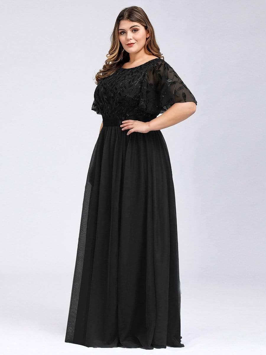 Plus size embroidered sequin A-line evening dress with short sleeves for women