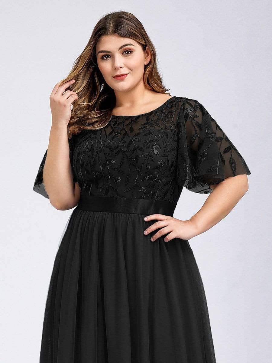 Plus size embroidered sequin A-line evening dress with short sleeves for women