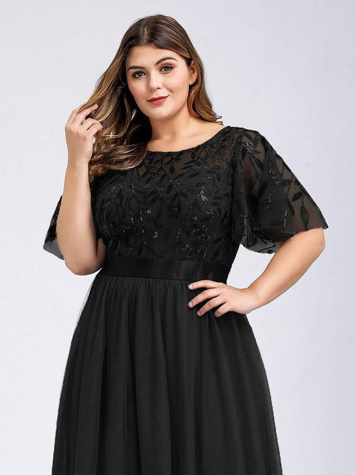 Plus size embroidered sequin A-line evening dress with short sleeves for women