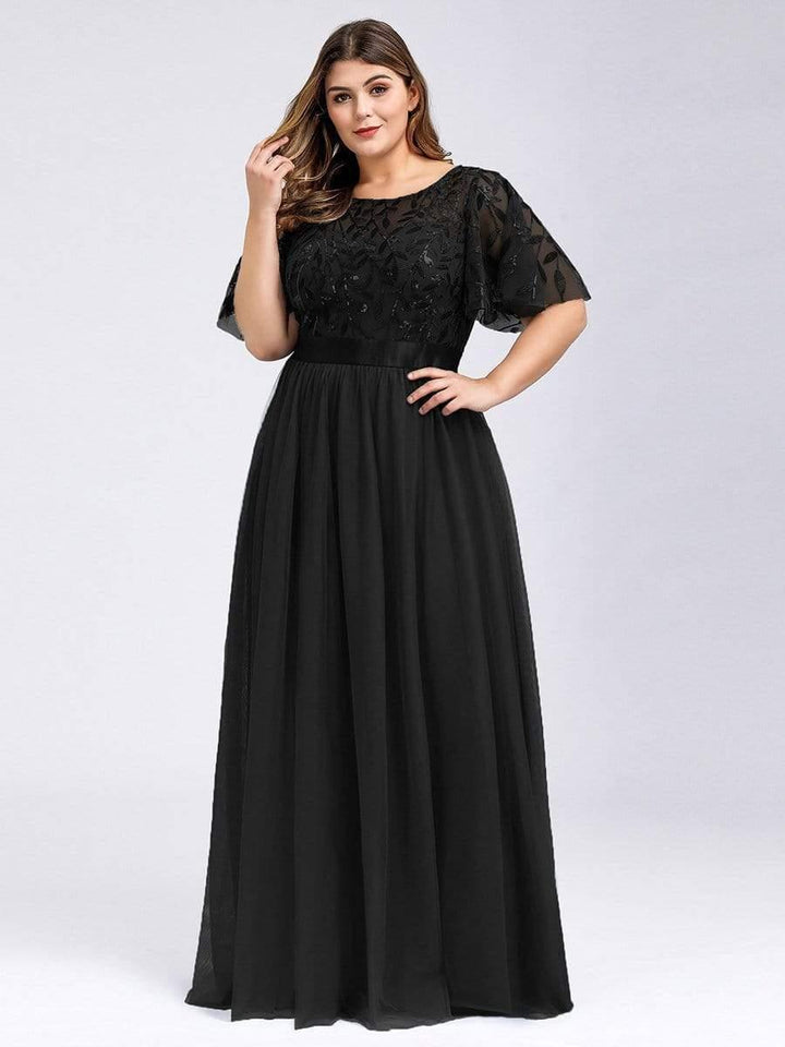 Plus size embroidered sequin A-line evening dress with short sleeves for women