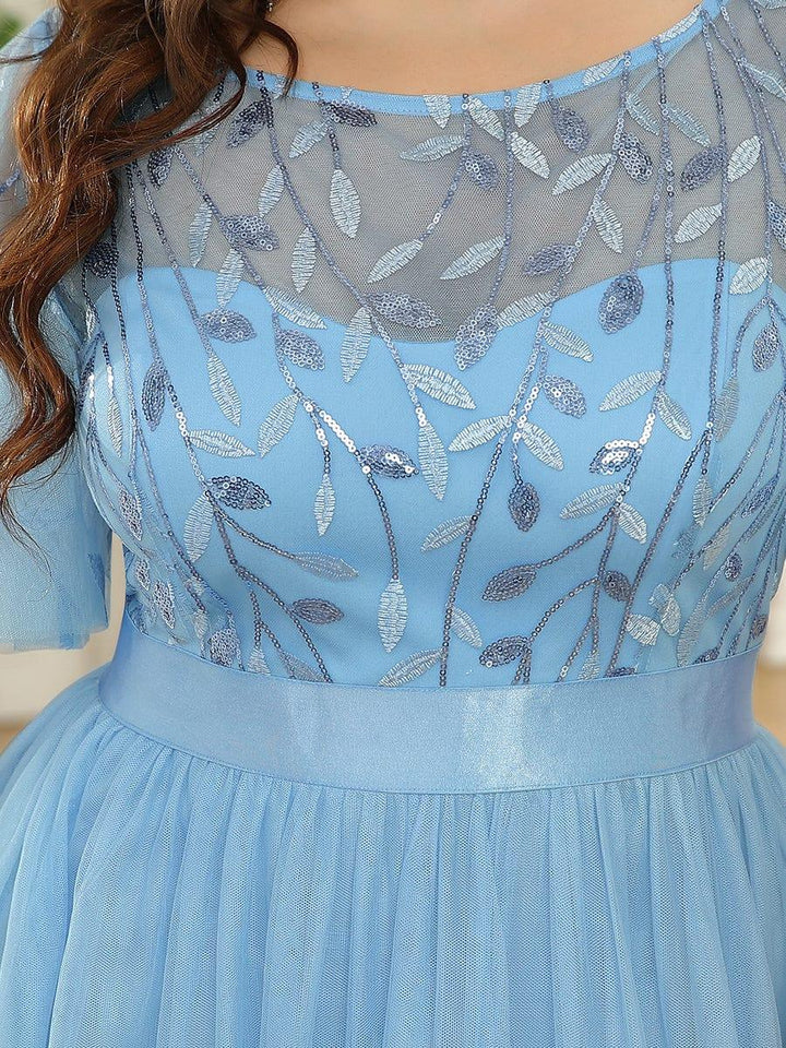 Plus size embroidered sequin A-line evening dress with short sleeves for women