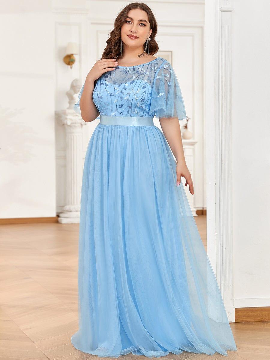 Plus size embroidered sequin A-line evening dress with short sleeves for women