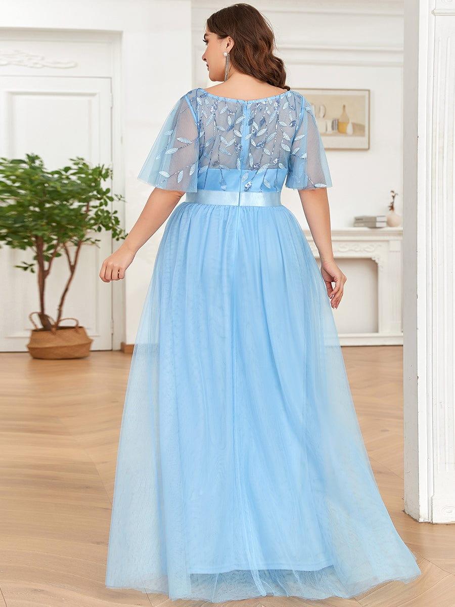 Plus size embroidered sequin A-line evening dress with short sleeves for women
