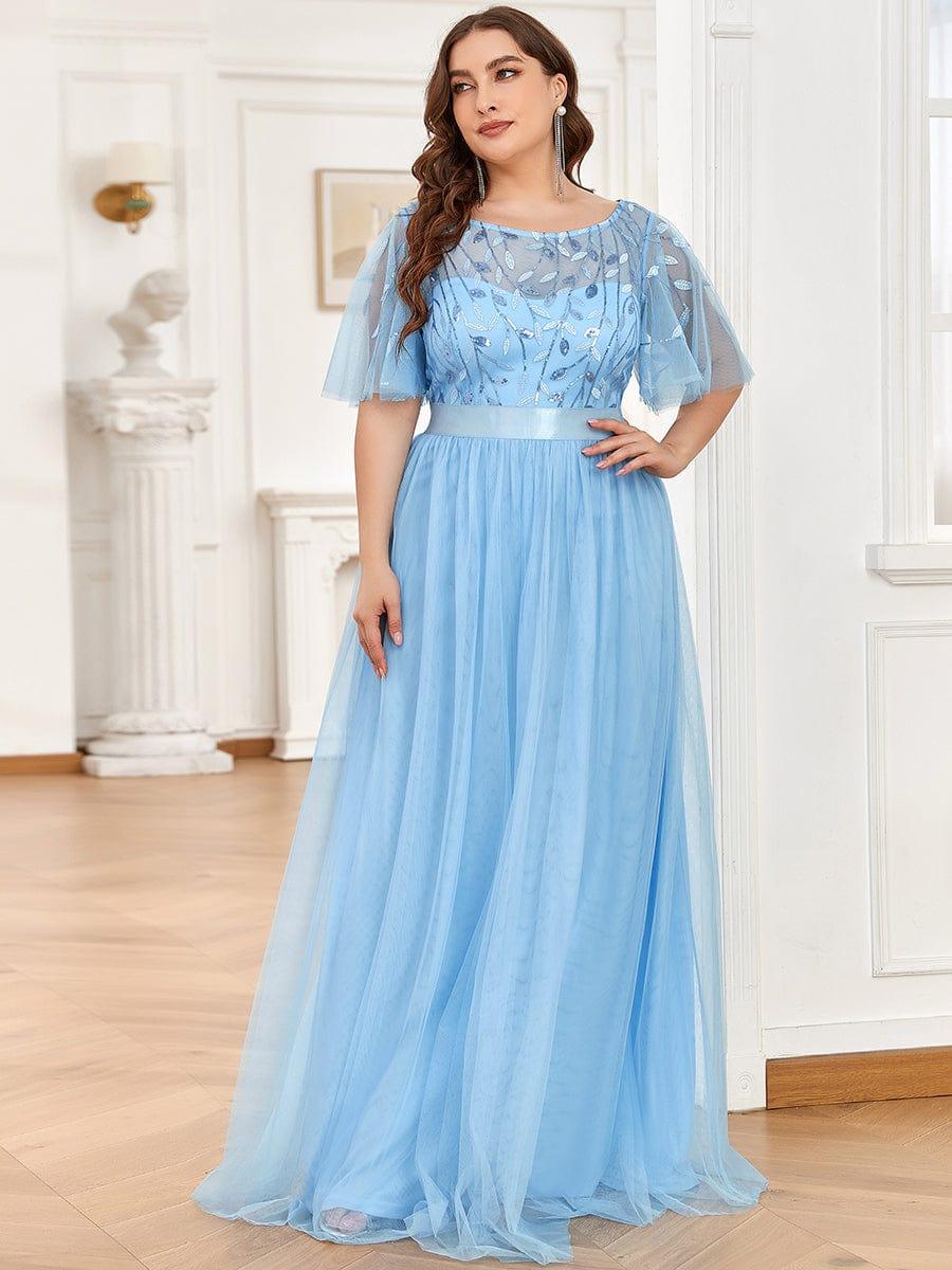 Plus size embroidered sequin A-line evening dress with short sleeves for women