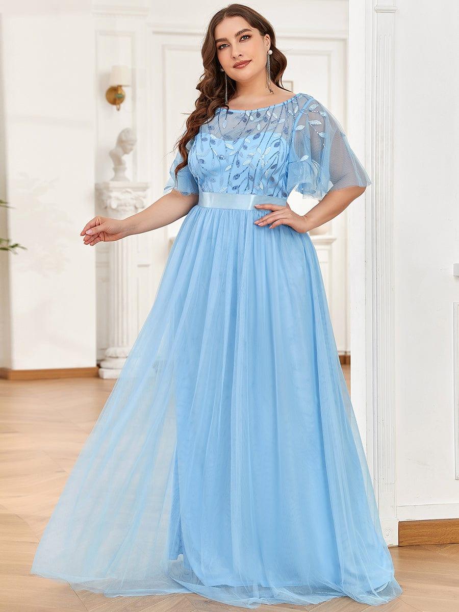 Plus size embroidered sequin A-line evening dress with short sleeves for women