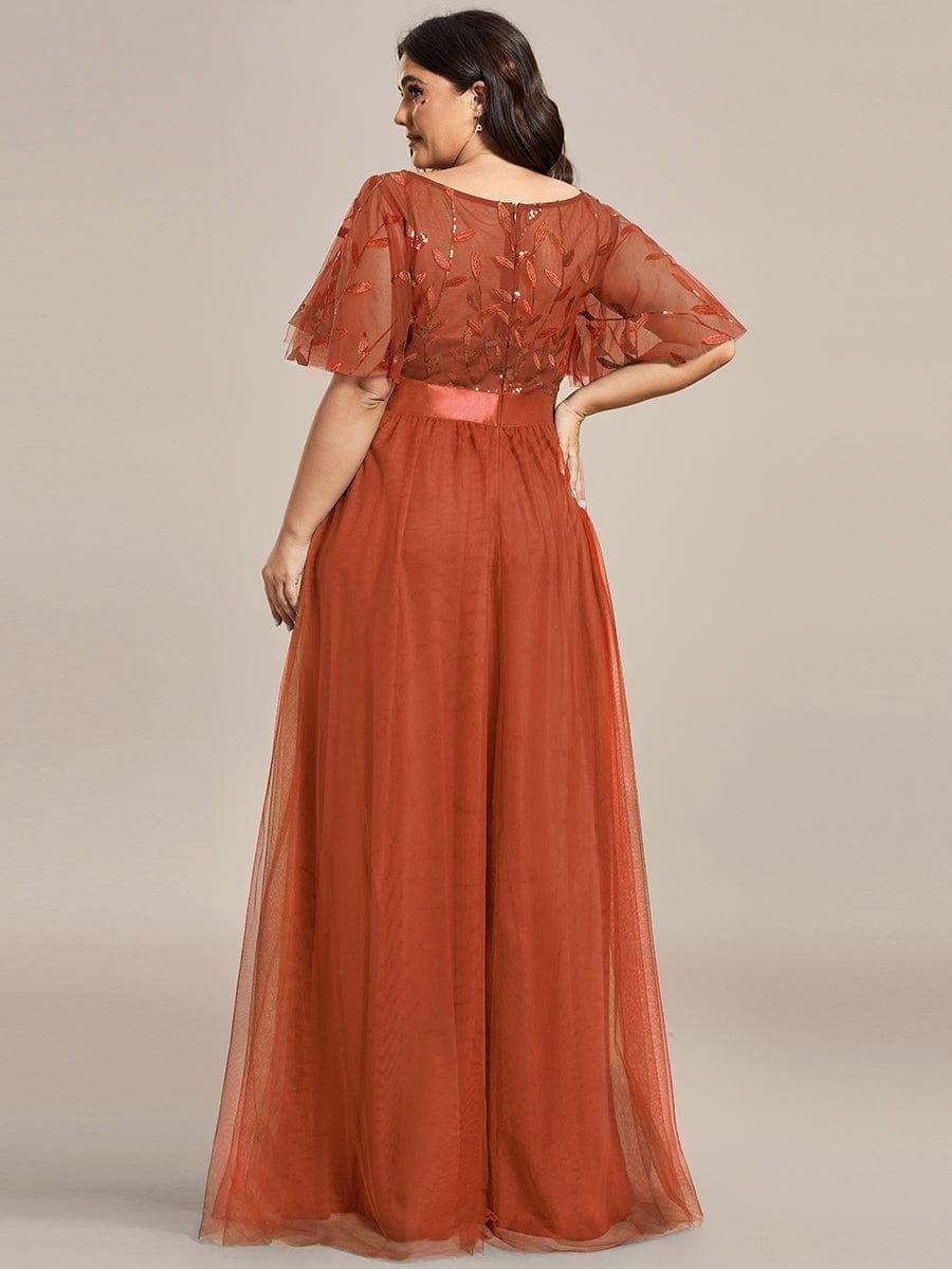Plus size embroidered sequin A-line evening dress with short sleeves for women