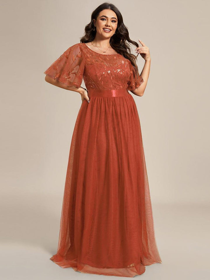 Plus size embroidered sequin A-line evening dress with short sleeves for women