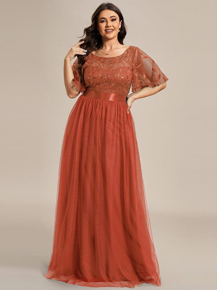 Plus size embroidered sequin A-line evening dress with short sleeves for women