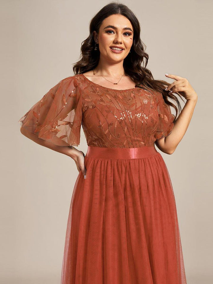 Plus size embroidered sequin A-line evening dress with short sleeves for women