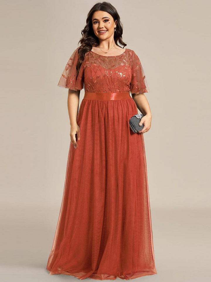 Plus size embroidered sequin A-line evening dress with short sleeves for women