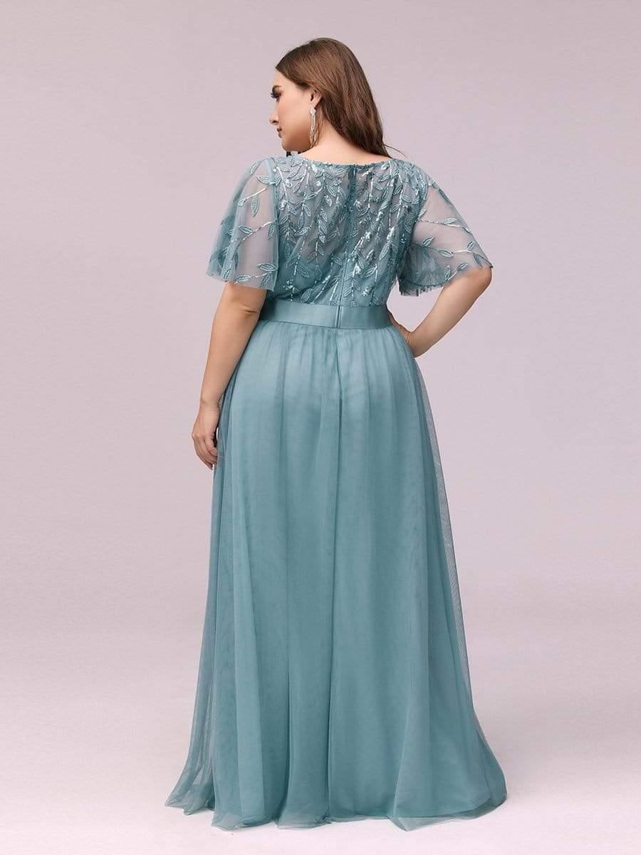 Plus size embroidered sequin A-line evening dress with short sleeves for women