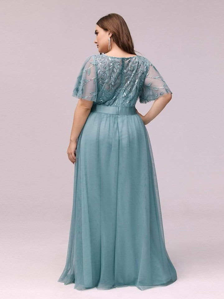 Plus size embroidered sequin A-line evening dress with short sleeves for women