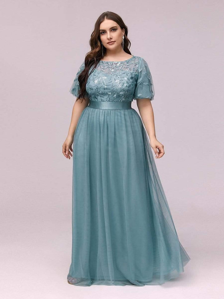 Plus size embroidered sequin A-line evening dress with short sleeves for women