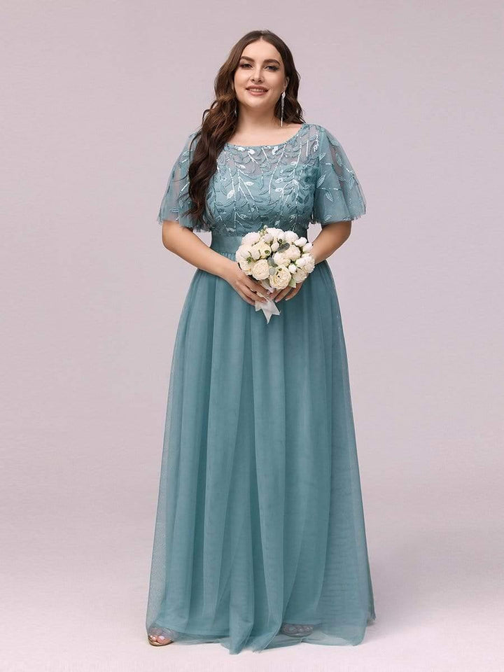 Plus size embroidered sequin A-line evening dress with short sleeves for women