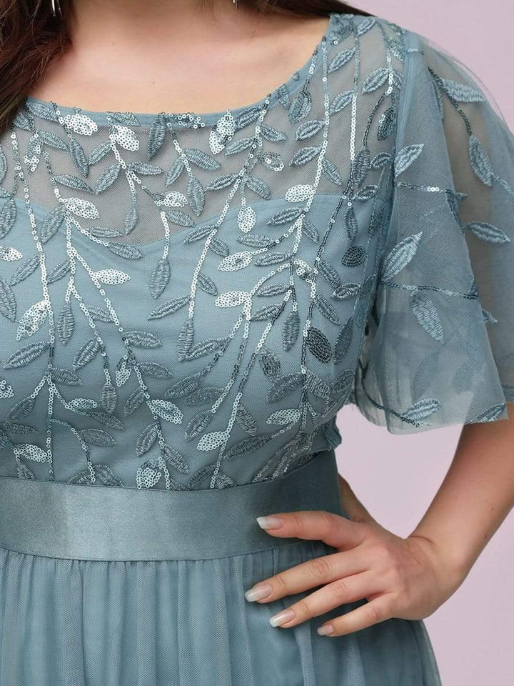 Plus size embroidered sequin A-line evening dress with short sleeves for women