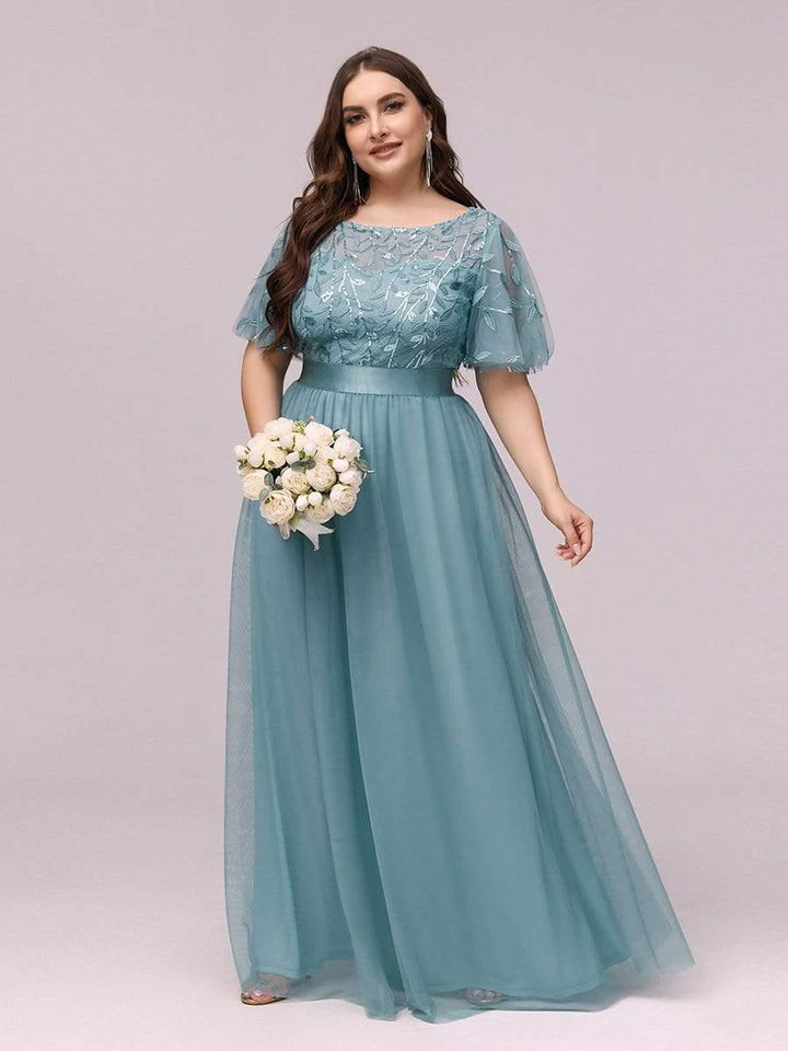 Plus size embroidered sequin A-line evening dress with short sleeves for women