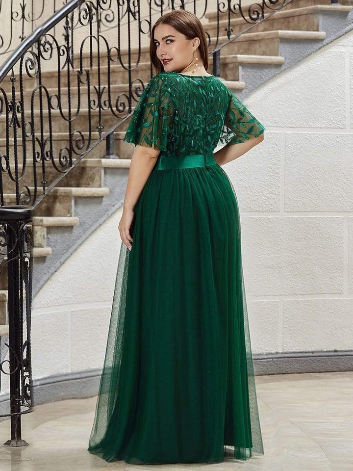 Plus size embroidered sequin A-line evening dress with short sleeves for women