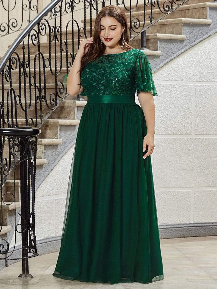 Plus size embroidered sequin A-line evening dress with short sleeves for women