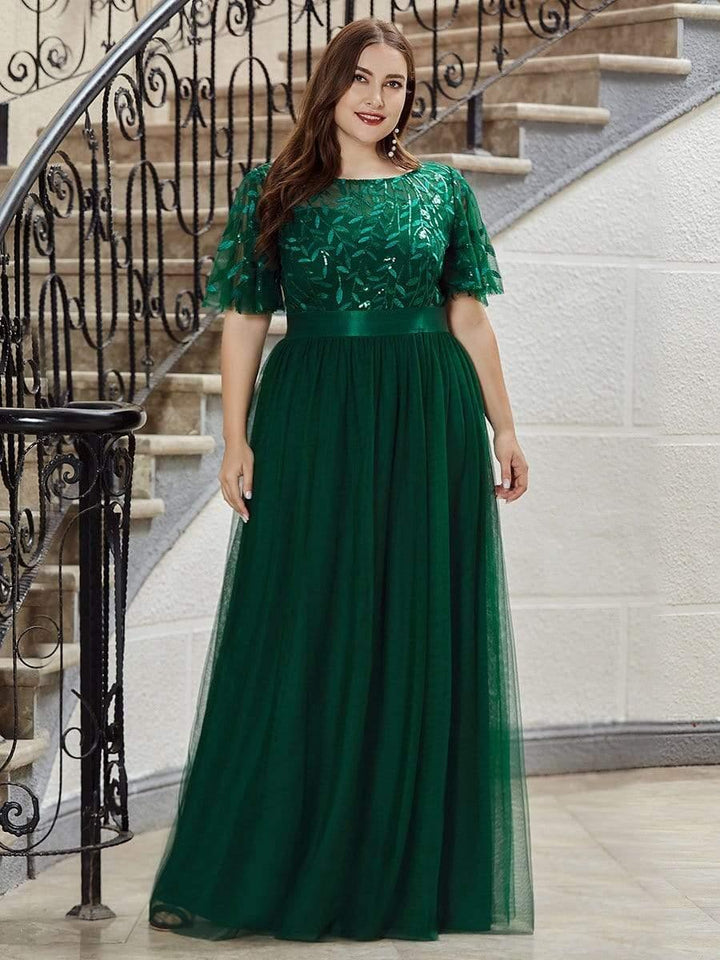 Plus size embroidered sequin A-line evening dress with short sleeves for women