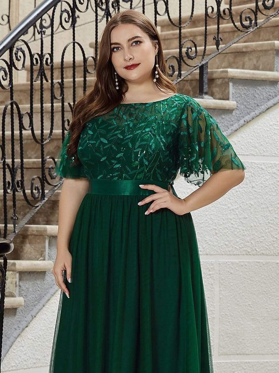 Plus size embroidered sequin A-line evening dress with short sleeves for women