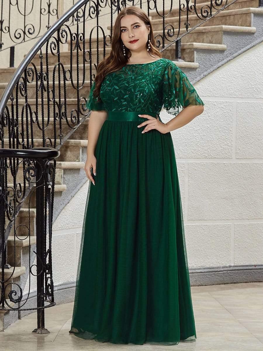 Plus size embroidered sequin A-line evening dress with short sleeves for women