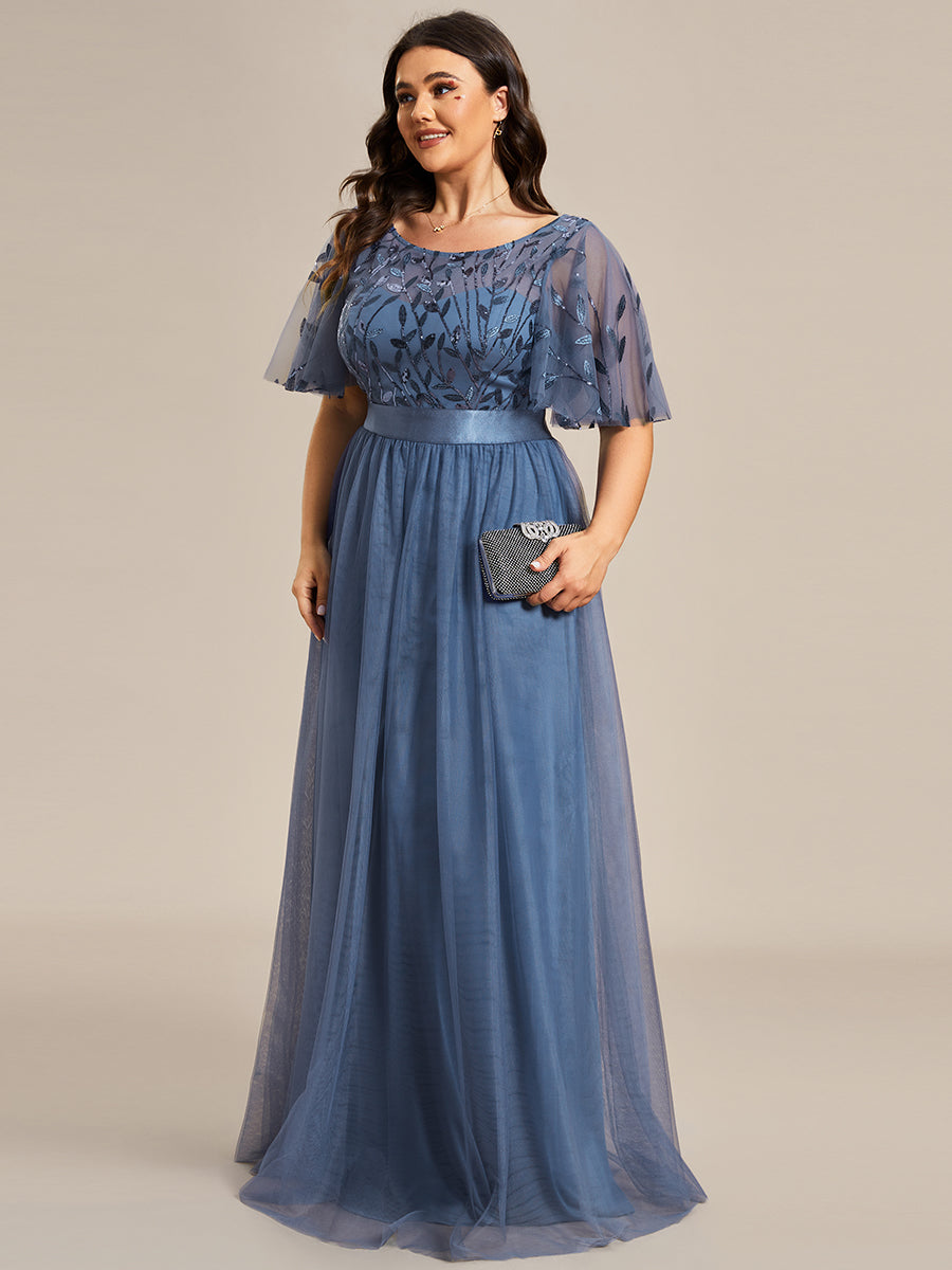 Plus size embroidered sequin A-line evening dress with short sleeves for women
