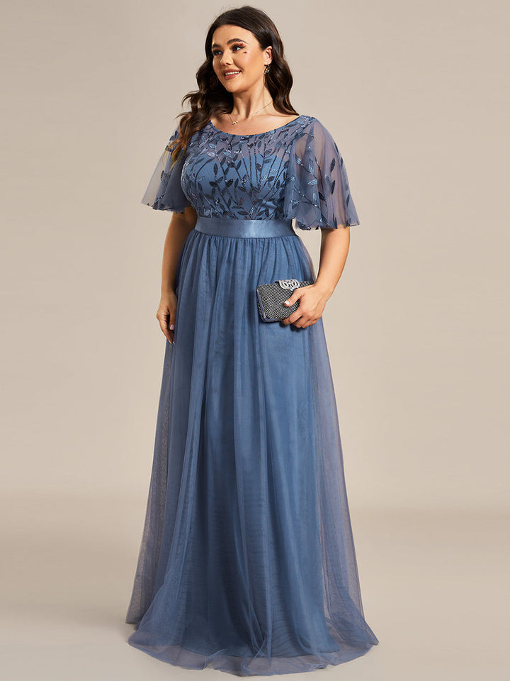 Plus size embroidered sequin A-line evening dress with short sleeves for women